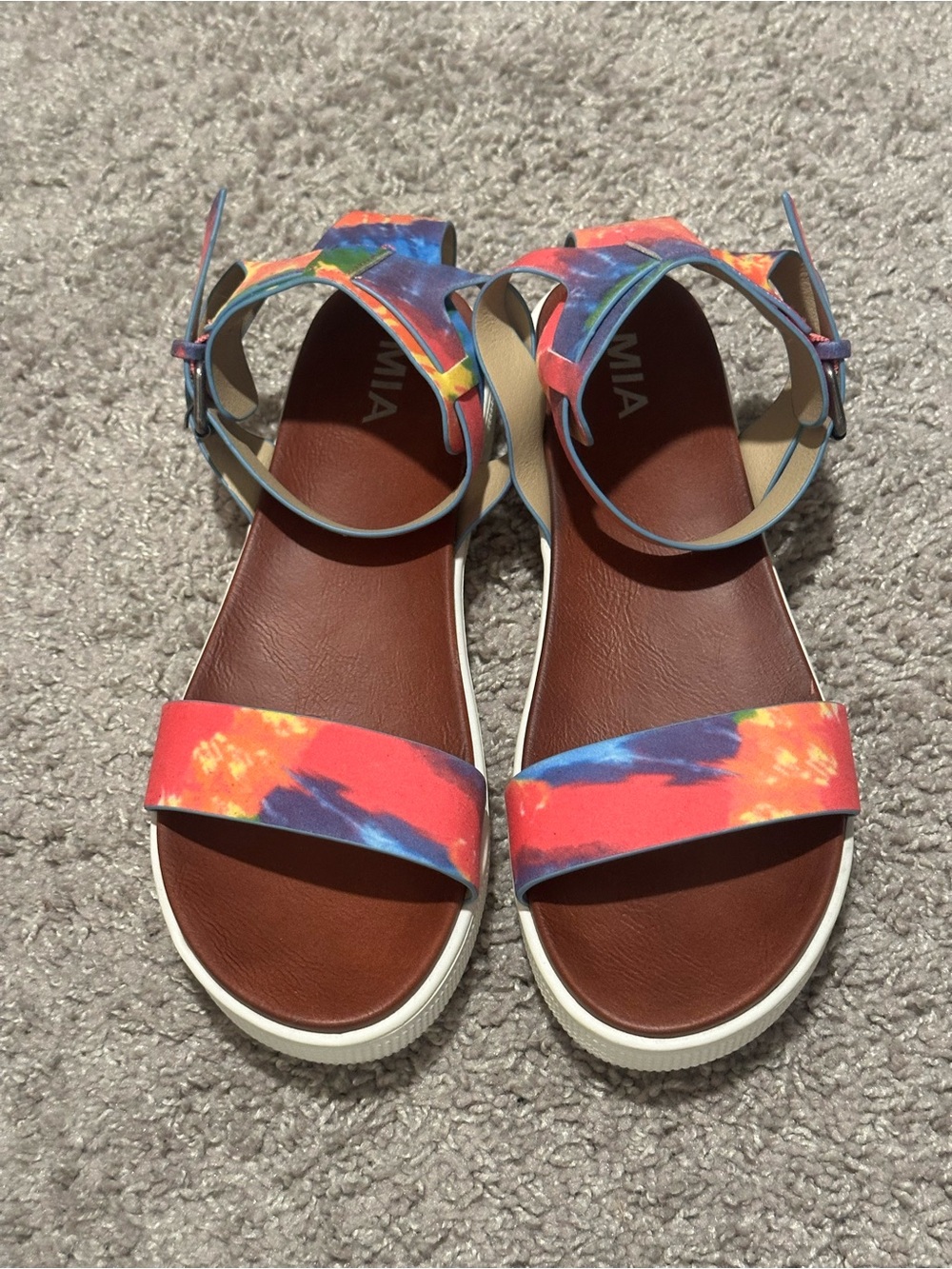 MIA Tie-Dye Ankle Strap Sandals in Red, Blue, Yellow